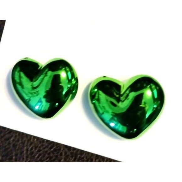 3D puffy green metallic heart balloon stud earrings - Picture 1 of 2